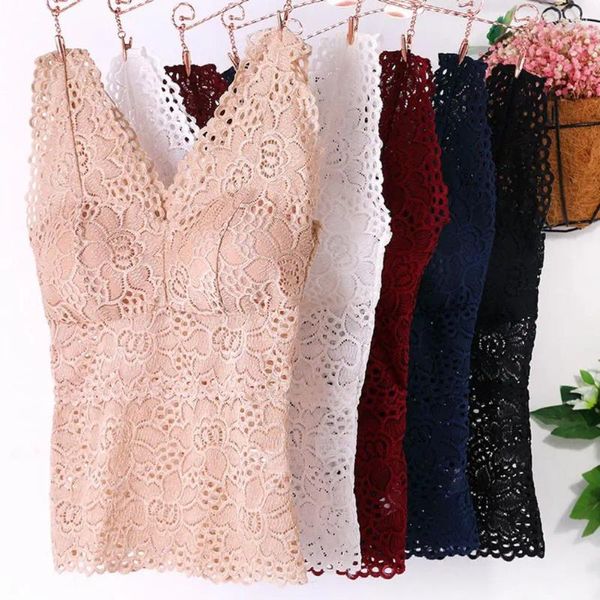 Camisoles Tanks Pullover Underwear Top All-Match Tank com almofadas Sexy Crochet Lace Bra Camisole Push Up Up