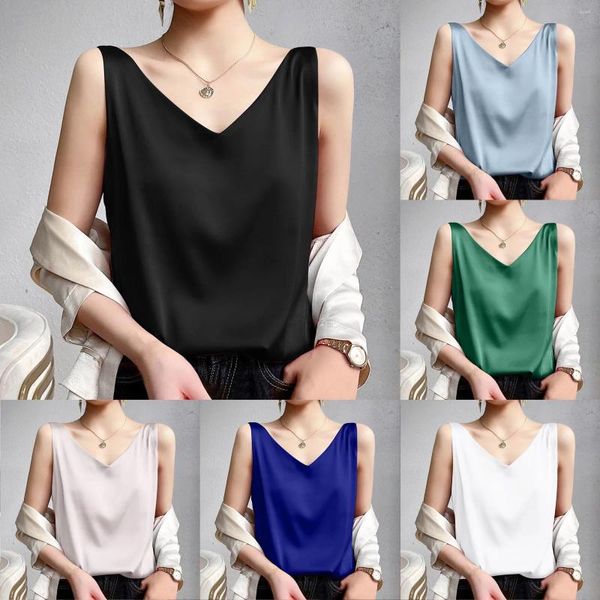 Camisoles Tanks Ice Silk Camisole Frauen V-Ausschnitt Tops gegen Halshülsen und Satin Tanktoper Massivbluse Weste Ropa Para Mujer Sommer 2024