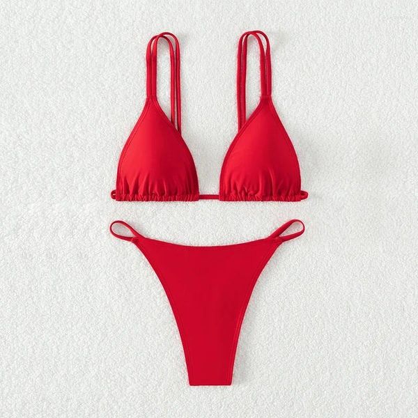 Frauen Badebekleidung Solid Farbe Red Badeanzug Frauen 2024 Sommer Low Taille Tanga Zwei-teiliger Bikini V-Ausschnitt Hosential Rückenless Beachwege