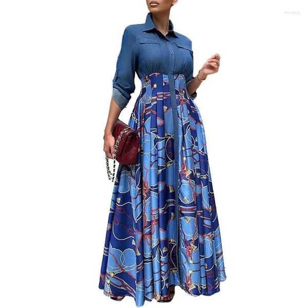 Vestidos casuais outono inverno para mulheres impressão longa impressão de poliéster vestido azul maxi roupas