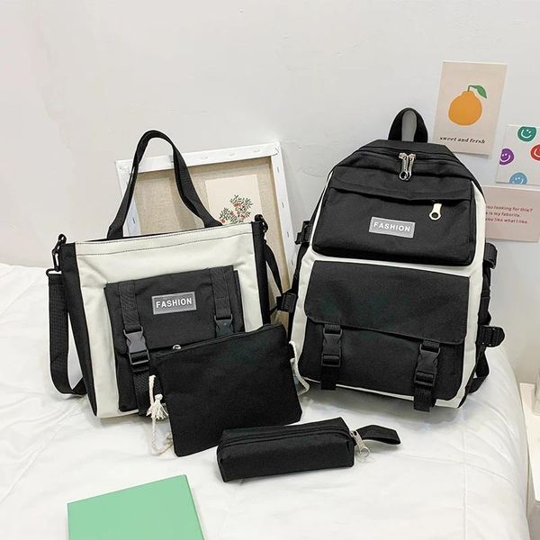 Backpack 4pcs/set Student Canvas School School Letter Designer Double Ombro Bag para Teen Pockets Bookbag Knapsack