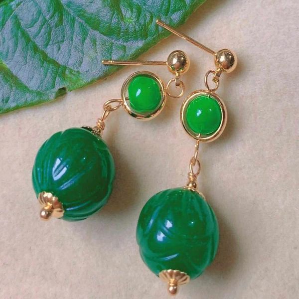 Dangle Ohrringe Fashion Green Round Hetian Jade Jadeit Beads Gold Ohr Stud Böhmische Frauen Kronleuchter Teenager Jubiläum lässig