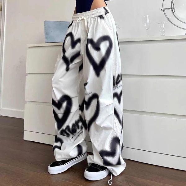 Calça feminina y2k amo graffiti perna larga mulher alta cintura streetwear lixo ascendente de corte de empurring feminino coreano