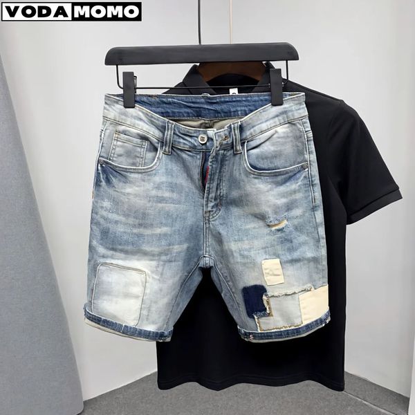 Mens denim şort delikleri yıkanmış Kore tarzı düz çeyrek yama sıradan kot pantolonlar bermuda maskulina erkek giyim 240409