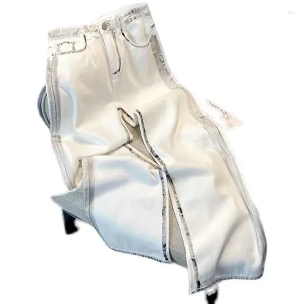 Calça masculina grafite branco jeans high jeans feminino outono de outono solteira mamãe lava bolsos de calça casual de perna larga de perna larga