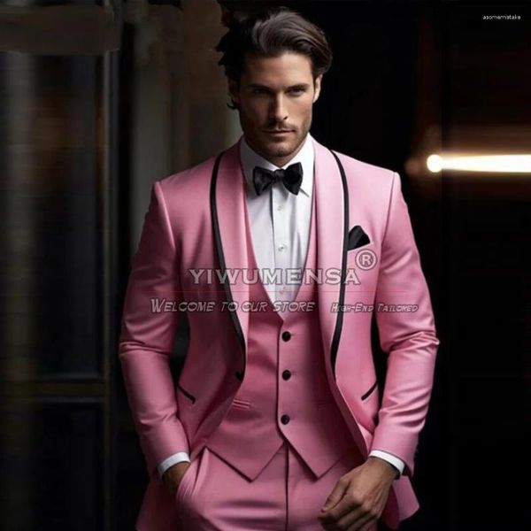 Herrenanzüge elegante rosa Männer für Hochzeit schwarzer Revers -Bräutigam -Smoking -Smoking 3 Stück Business Party Prom Blazer Kostüm Homme Pour