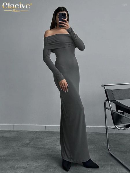 Abiti casual Clacive Sexy Slim Grey Kniited Dress Ldies Elegante classico Slash Neck Long Maniche Lunghezza della caviglia per donne 2024