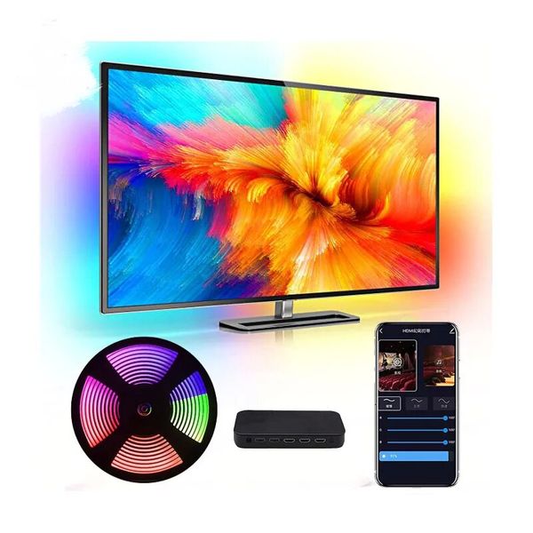 Luci di striscia a LED TV per 75 pollici con HMDI Sync Box RGB 5050 30 LED/M 3,8 m Kit di retroilluminazione LED TV alimentata USB per PC TV a schermo piatto LL