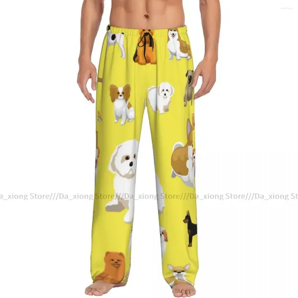 Calças masculinas de roupas de sono masculinas para o sono, calças de lounge masculina várias raças de cães pequenas posam calças de pijama