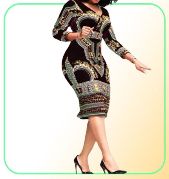 Abiti casual Ladie africane Elegante polso High Waist V Neck Vintage for Work Office Business Fashion Slim Vestidos Dress Midi 205184035