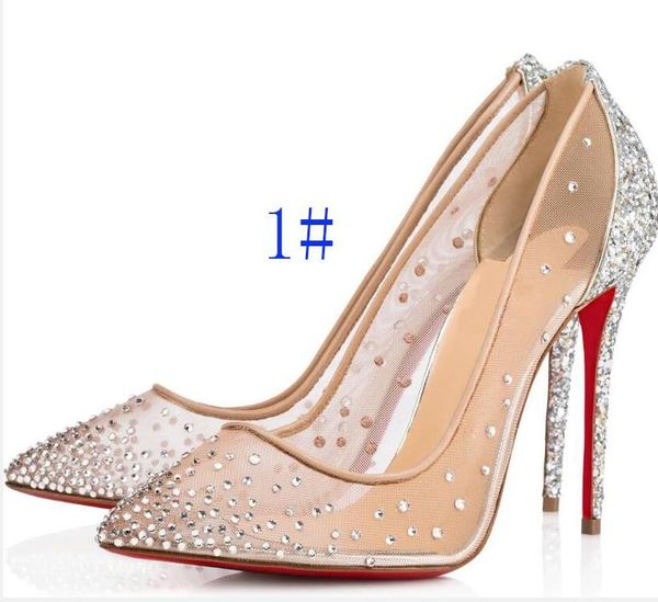 Дизайнерские туфли видят через серебряную модную модную женскую красную нижнюю часть высокие каблуки насосы летние стразы вечеринки Свадебные шпильки тонкие каблуки.