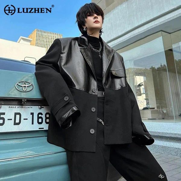 Erkekler Luzhen Bahar Moda Pu Deri Bir Ekleme Tasarım Suit Ceketler Kişilik Düzenli Sokak Giysileri LZ2504