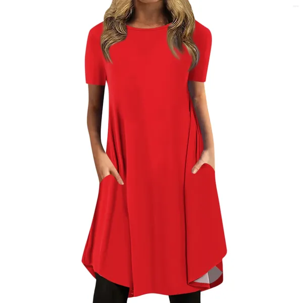 Vestidos casuais Moda feminina Moda de cor sólida Pullover de pescoço solto vestido curto de manga curta REVISÕES Coreanas