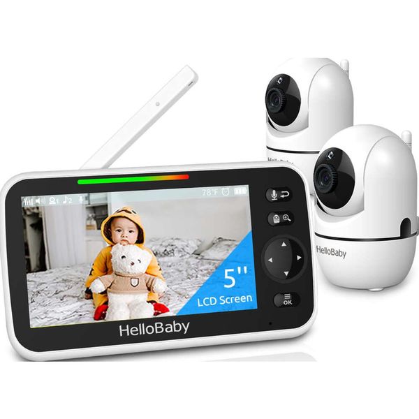 Hellobaby 5-дюймовый монитор с 26-часовой батареей, 2 камеры, Zoom Pan Tilt, диапазон 1000 футов, видео аудио, без Wi-Fi, Vox, Night Vision, двухсторонние разговоры, 8 языков, реестр детей