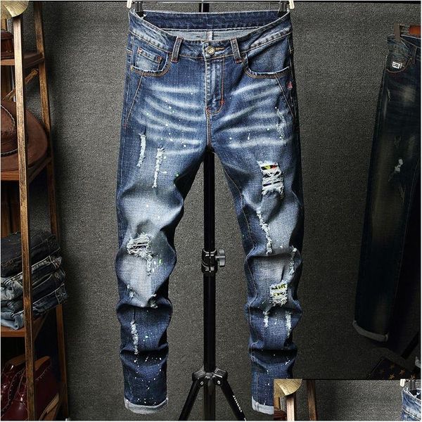 Herren Jeans 2022 Mode lässig gerade Stretch Punkt basteln kleine Füße Skinny Jens Männer zerkratzt Blue Hole Denim Tide Hosen Drop Dhnd0