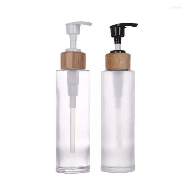 Speicherflaschen 5pcs Glaspumpe nachfüllbare Behälter Seifenspender für ätherische Öle Lotionen Reinigungsprodukte mit Bambuskappen