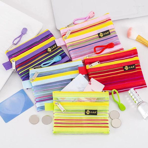 Bolsas de armazenamento Mini Id Bank Banco Bolsa de camada dupla camada portátil bolsa de moeda colorida malha nylon maquiagem bolsa de maquiagem licença