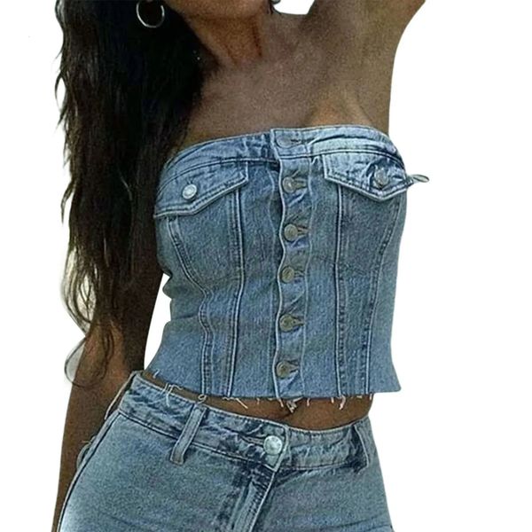 Women Y2K Denim Crop Top Gest chic senza spalla spalla senza spalline Top Top Abbottoni sexy jeans canotta top 240408