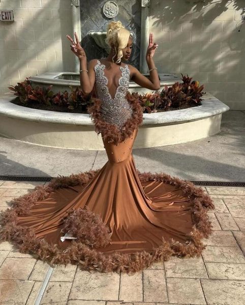 Ivy Silver Diamond Mermaid Evening Birthday Gala Dresses for Black Girl Girl Feather Crystal Prom Ceremony Foreml Dress