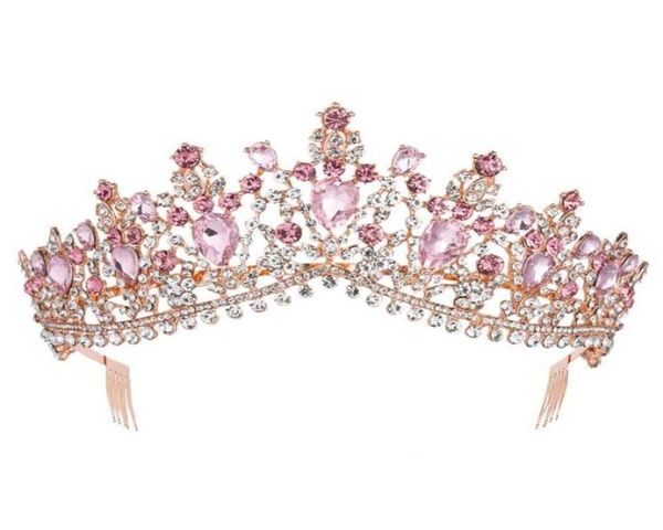 Corona di tiara da sposa cristallina rosa rosa rosa rosa con accessori per peli per pagi del velo da ballo di pettinatura 2110064839269