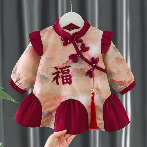 Vestidos meninas meninas meninas de tang traje vestido chinês antigo ano infantil cheongsam inverno 6m-4y engrossar quente 2024