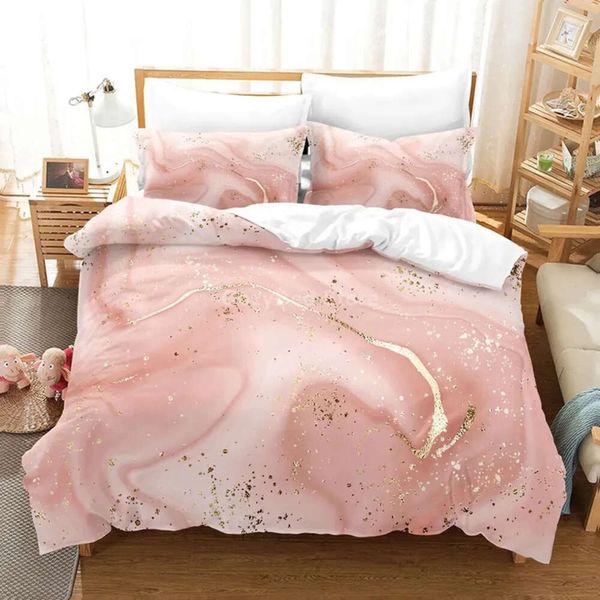 Conjuntos de mármore dourado Conjunto de roupas de cama rosa 3D Conjuntos de capa de edredom de quadro de cama de cama de cama de linho gêmeo rei da sala de tamanho único crianças adultos modernos 231009