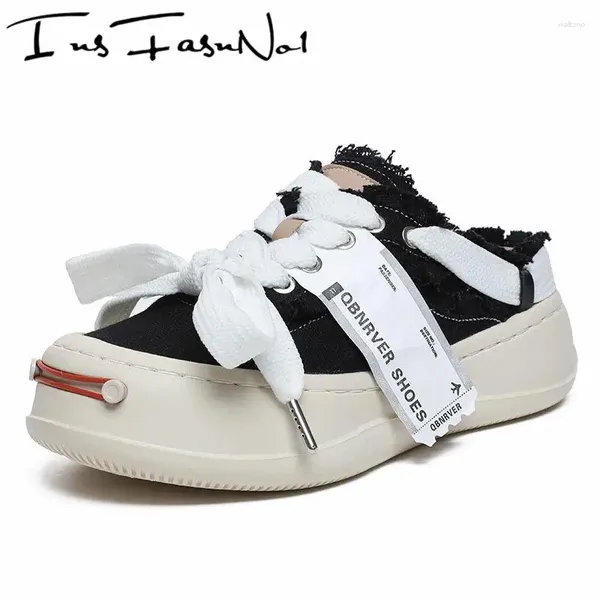 Casual Schuhe Sommerplattform Canvas Halbscheide Etikett Label Nähdesigner Schnürung Slip auf Sneakers Cross Brasing Trainer für Frauen