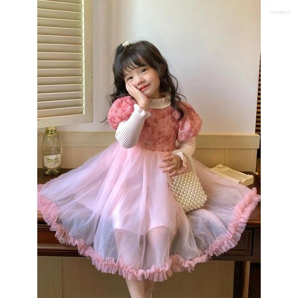 Mädchen Kleider Mädchen Herbst rosa Rosen Pullover Prinzessin Kleid Kinder Halloween geschwollene Langarm -Mesh Kinderhemd