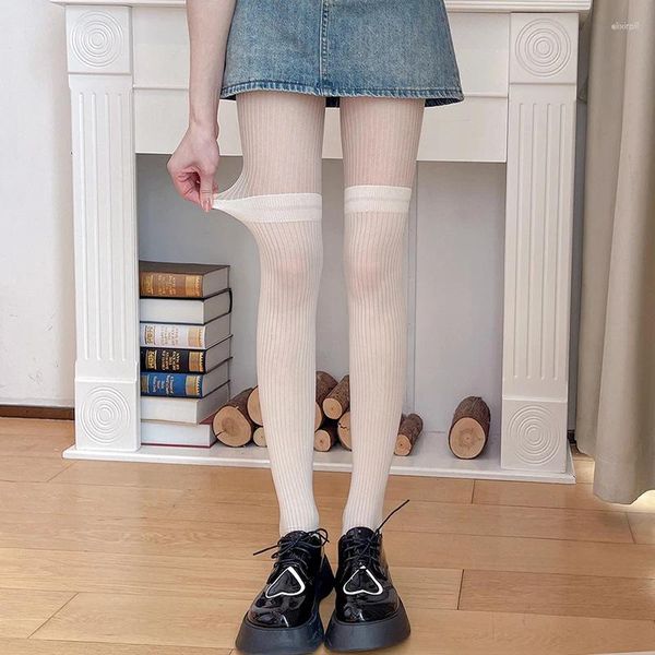 Mulheres meias meias de primavera calcinha sexy listrada menina outono oco com meias brancas leitosas 20d fêmea lolita