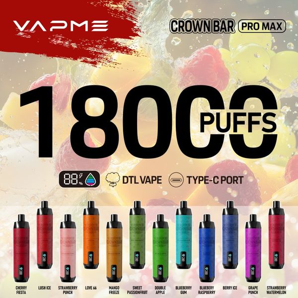 Оригинальный Vapme Crown Bar 18000 Pro Max одноразовый вейп -ручка сетчатая катушка 650 мАч.