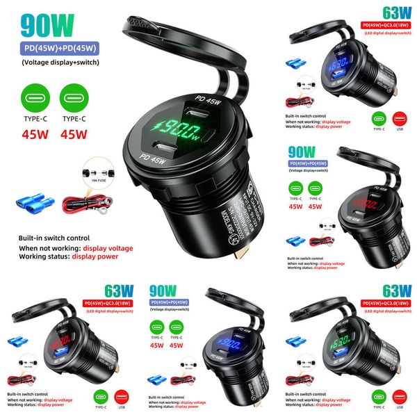 NEU 90W Superauto -Ladung Zigarette Leichteradapter QC3.0+PD -Anschluss Schneller Ladung LED -Anzeige 12V 24 V für Boot RV wasserdicht