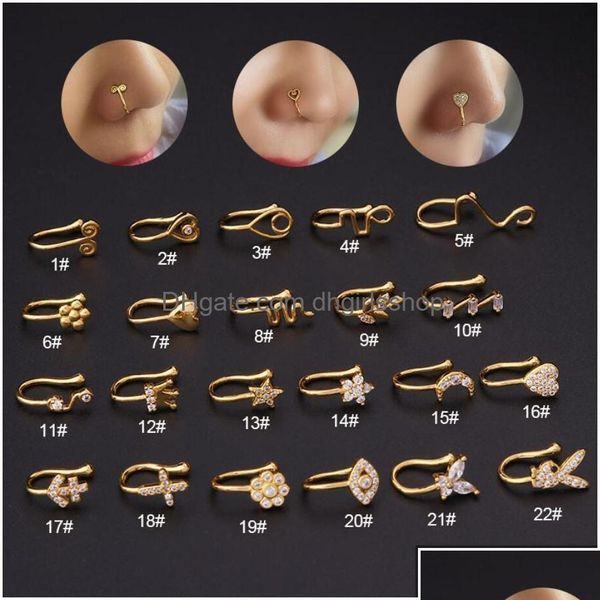 Nariz anéis pinos ouro piercing ring anel de jóias para mulheres para mulheres tendências de orelha de coração flores cruzadas 22 estilos gota de del dhcde