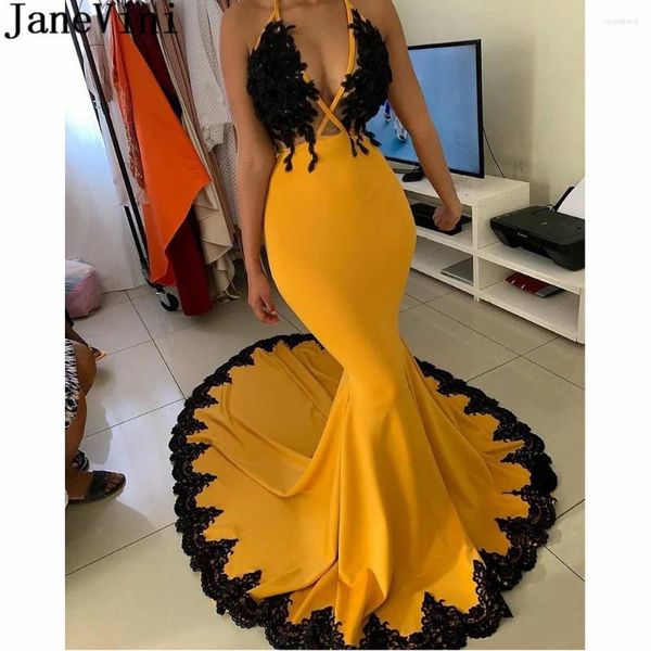 Abiti per feste Janevini africana sirena sera balli lungo 2024 applique nera applique sexy giallo abito formale vestidos largos fiesta