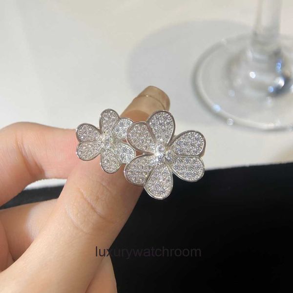 Anéis de designer de ponta para Vancleff v Gold Double Clover Full Diamond Ring Edition Fashion Fashion Strap Versátil original 1: 1 com logotipo real