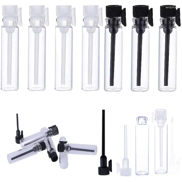 Depolama Şişeleri 50pcs 1ml/2ml/3ml boş cam parfüm plastik çubuk kapakları ile mini örnek şişeler uçucu yağlar için kaplar