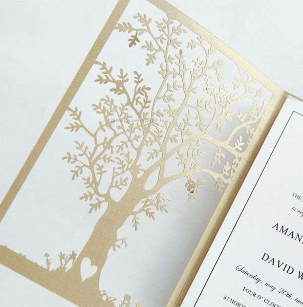 Fancy Gold Love Tree Laser Cut Wedding Invitation