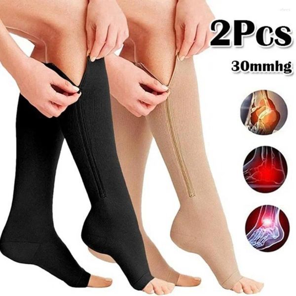 Frauen Socken 1 Paar Reißverschluss Schließung Feste Farbe Hochelastizität Kompression Unisex Knie Offener Haid -Strümpfe Gesundheitsversorgung