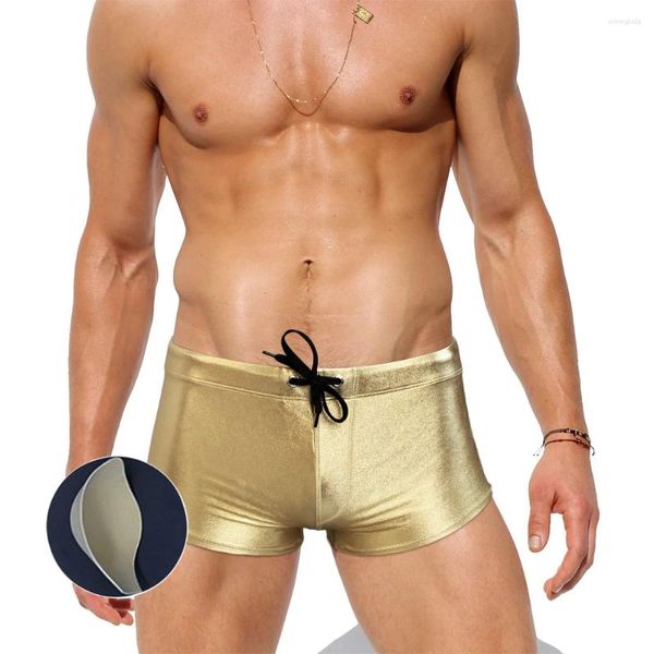 Herren Badebekleidung Männer Boxer Schwimmstämme mit Pushpads Low Taille Sexy Solid Silver European American Fashion Springs Strand Surfen