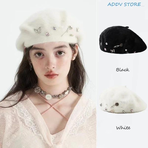 Boinas lindas boinas de peles com borboleta Rose Water Diamond Combo White Girl Hat Warm para 2024 outono/inverno