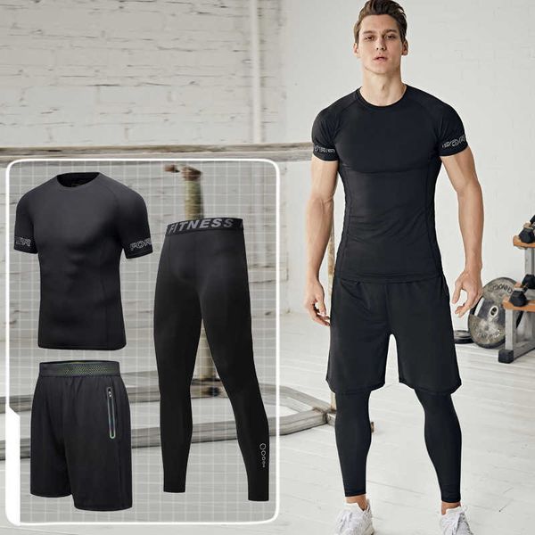 Fitness Suit de fitness Mens de três peças secagem de manga curta, ginásio de treinamento de basquete de basquete