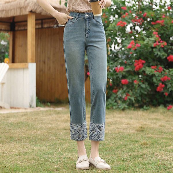 Yeni Çin tarzı düz bacak pantolonları kadın nostaljik pantolon, işlemeli yüksek görünürlüklü bacaklar düz kırpılmış bacak kot pantolon