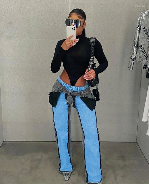 Frauen Jeans wuhe hellblau Denim Cargo Hosen Taschen gerade hohe Taille lässige lange Hosen Overall Kleidung Frauen Clubrisween