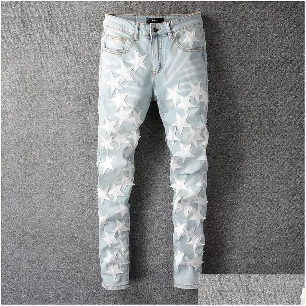 Mens Jeans Blue Star Hole Stitching Fettled Fettle Motorcycle Panttchwork