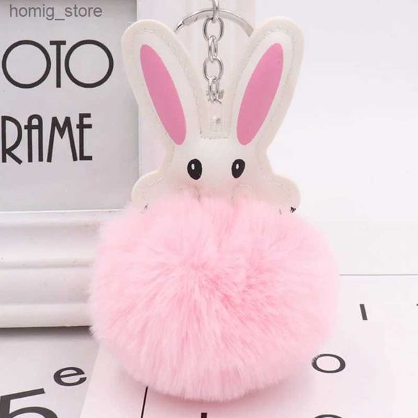 PLUSH KEYCHAINES VENDA HOT HOT Pink Rabbit Fur Ball Chain Chain PU Couro Metal Metal Golden Chave Acessórios para Meninas Y240416