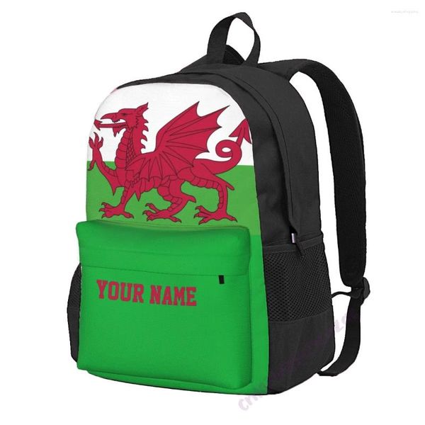 Backpack benutzerdefinierte Name Wales Flag -Polyester für Männer Reisen Reisen Tasche Freizeitstudenten Wandercamping