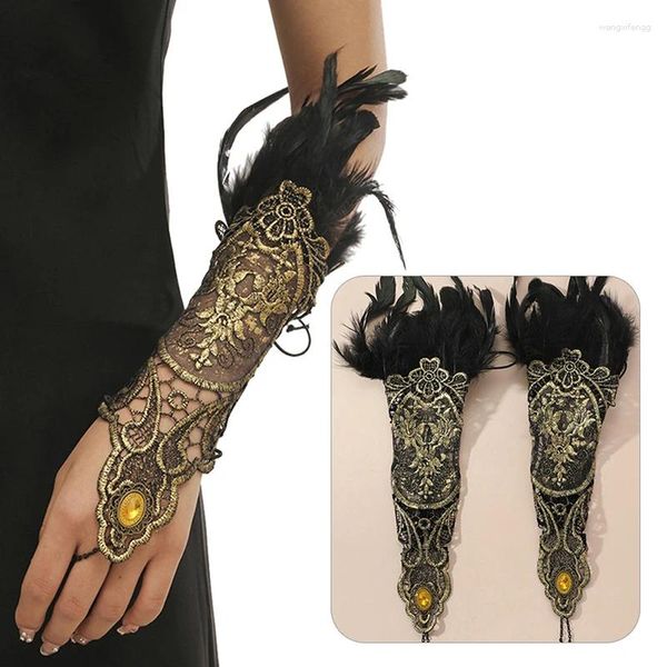 Partyversorgungen Gothic Feather Gold Spitze Langes Handschuh Armband Frauen sexy fingerlose Handschuhe übertriebene Fischnetzzubehör