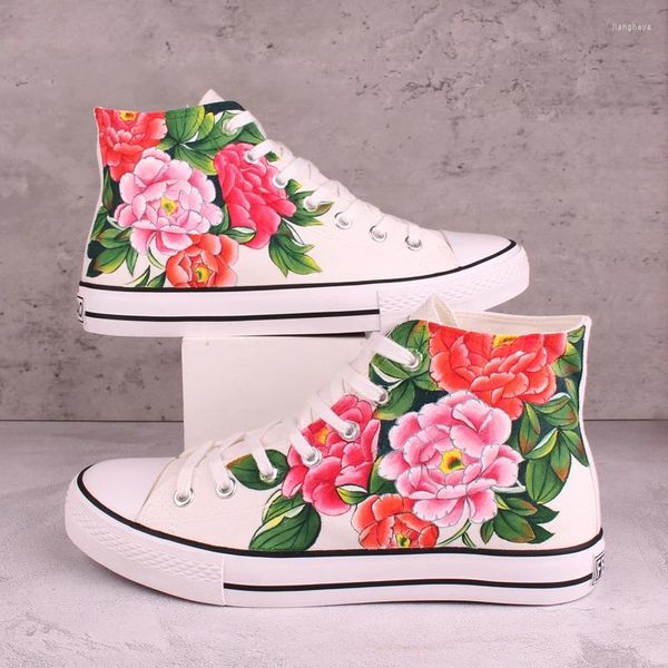 Scarpe casual S tela dipinta a mano Tops High Tops Donna Vulcanizzare Stipt Flower Stip Flow