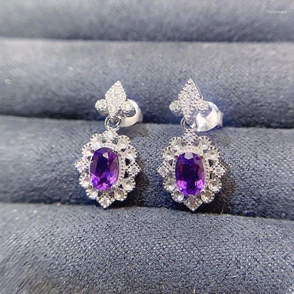 Brincos de garanhão natural Real Purple Amethyst Breating Flower Style 4 6mm 0,5ct 2pcs Gemstone 925 Jóias finas de prata esterlina L243170