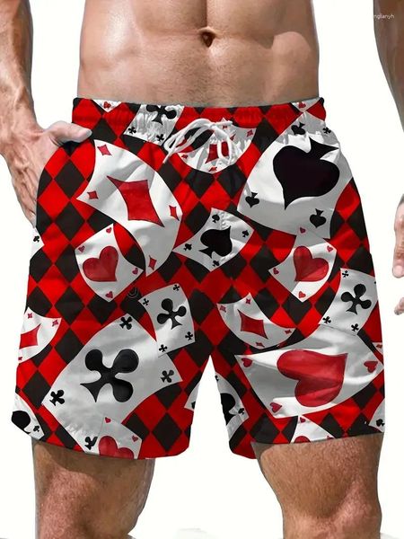 Shorts da uomo spiaggia motivi di poker rosso e bianco 3d stampato estate tronchi elastico in vita hawaiano