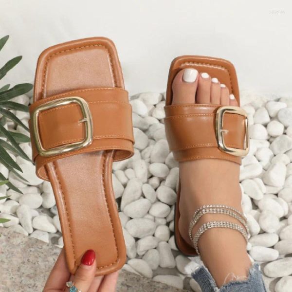 Hausschuhe Frau Schuhe Metalldekoration 2024 Sommer Outdoor Flat Beach Mode Square Toe Weibliche Folien Laides Zapatos de Mujer